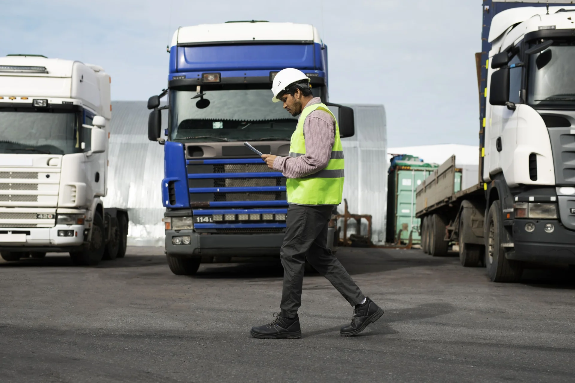 full-shot-man-walking-by-trucks-fleet full-shot-man-walking-by-trucks-fleet